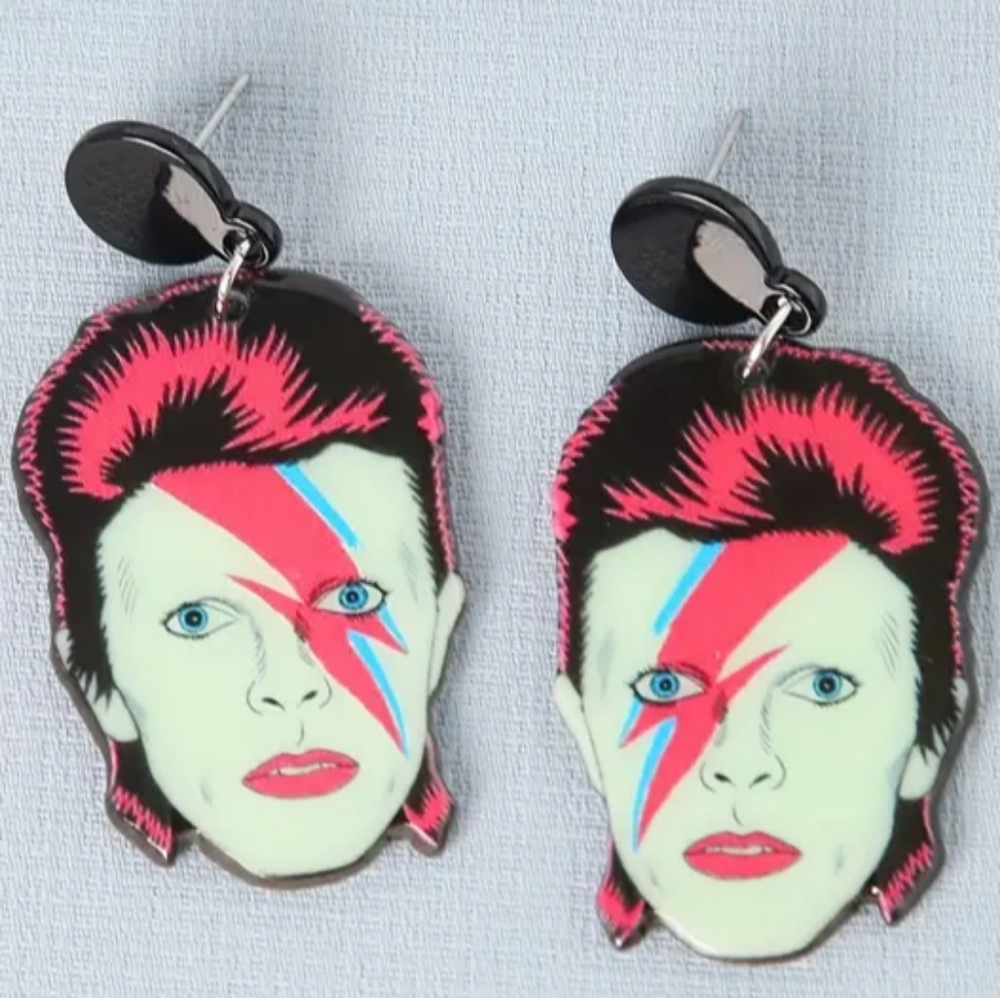 NWOT David Bowie Head Earrings Lightning Bolt 80s Nostalgia Music Rock Punk